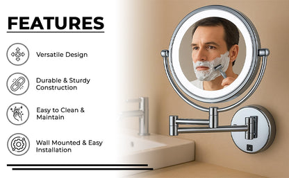 House of Exotiva Premium LED Magnifying Shaving & Makeup Mirror| Wall-Mounted | Chrome Finish