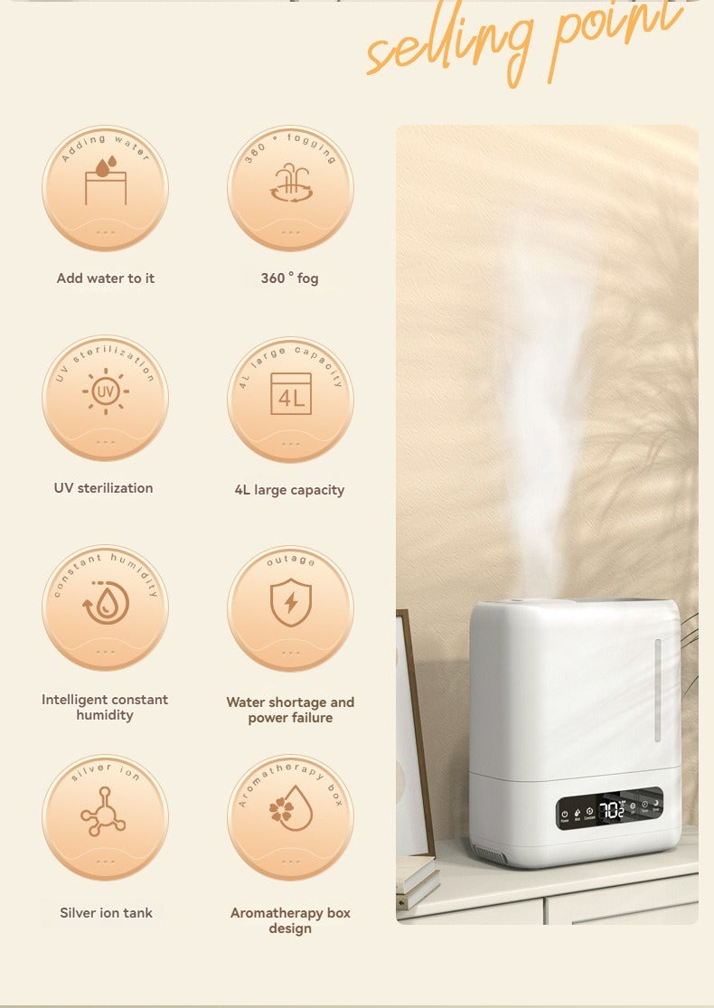 Smart Ultrasonic Humidifier & Aroma Diffuser (4L, White) | LED Display | Remote Control | Auto Shut-Off | Top Fill | 360° Mist Nozzle