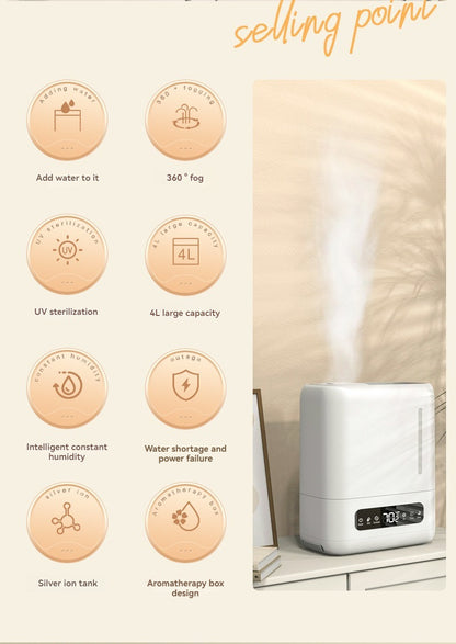 Smart Ultrasonic Humidifier & Aroma Diffuser (4L, White) | LED Display | Remote Control | Auto Shut-Off | Top Fill | 360° Mist Nozzle