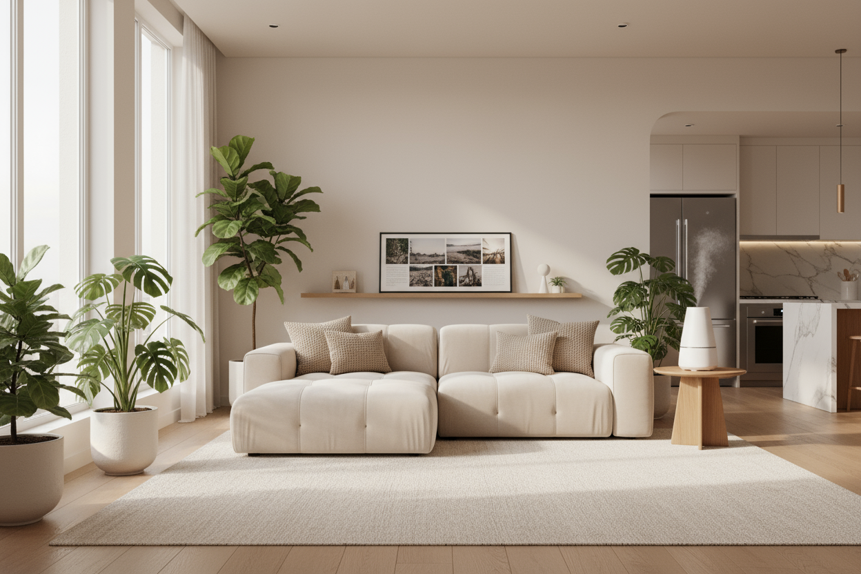 A cozy modern living room in soft daylight, minimal aesthetic, neutral tones, featuring elegant smart home decor like a digital frame and humidifier, surrounded by plants, baby monitor, sous wide cooker in background